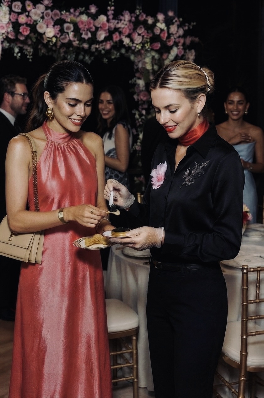 Two guests sampling caviar tableside beneath floral wedding reception decor
